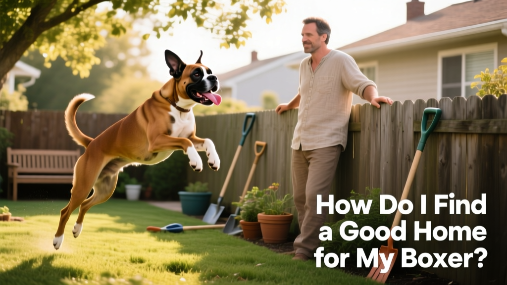 A Boxer playing joyfully in a fenced backyard with a calm, attentive adult watching nearby