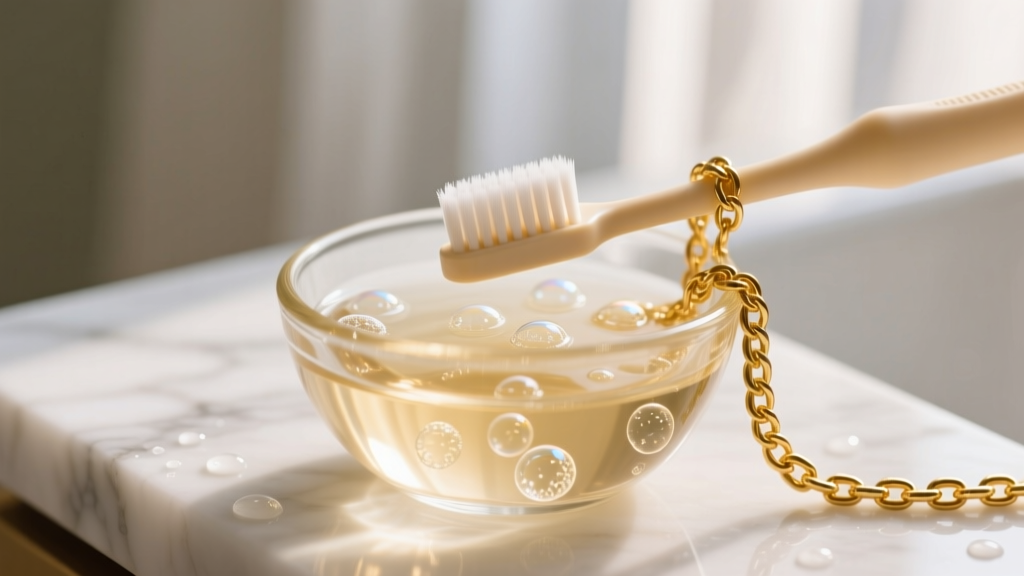A soft baby toothbrush gently scrubbing a delicate 18k gold cable chain submerged in a small glass bowl of warm soapy water.