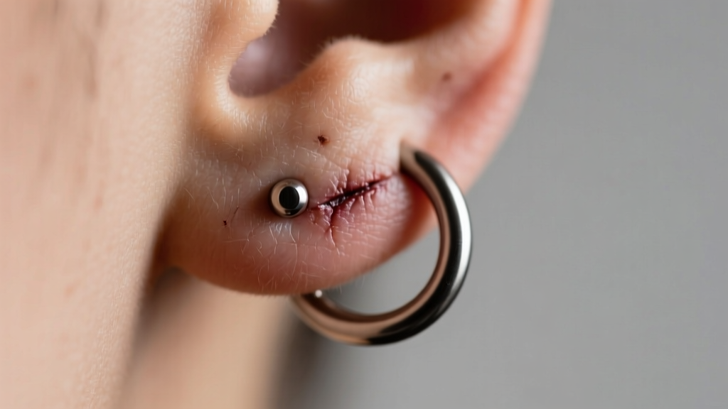 Close-up of a healed daith piercing featuring a 16-gauge titanium clicker hoop with a matte finish under soft studio lighting