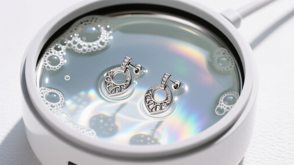 Top-down view of an ultrasonic jewelry cleaner filled with soapy water, with a pair of platinum push back earrings submerged in it.
