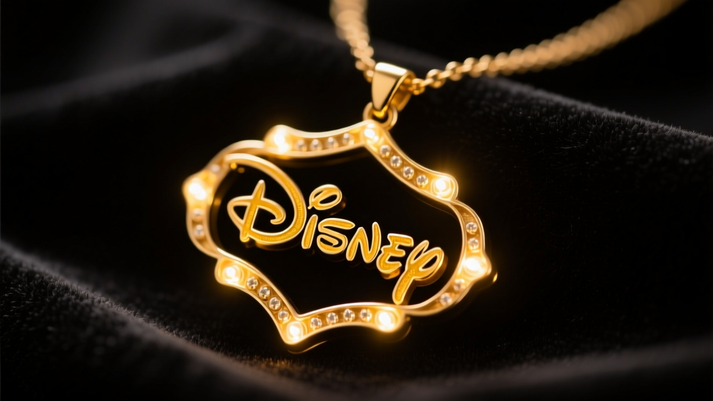 Close-up of a glowing vintage-style Disney marquee necklace pendant on dark velvet, warm golden light shining from tiny bulbs