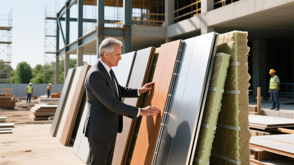 Architect reviewing large-format composite cladding panels and rigid insulation boards from a material supplier on a commercial construction site
