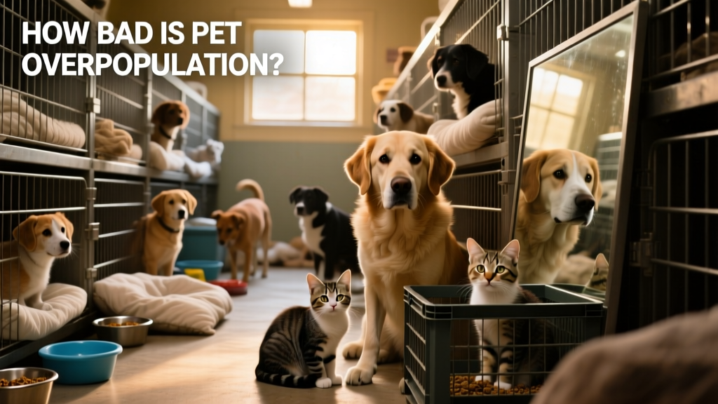 Overcrowded shelter kennels with dogs and cats waiting for adoption