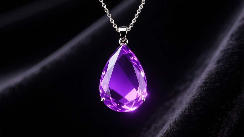 Close-up of a teardrop mood necklace pendant glowing vibrant purple against dark velvet under soft directional studio lighting