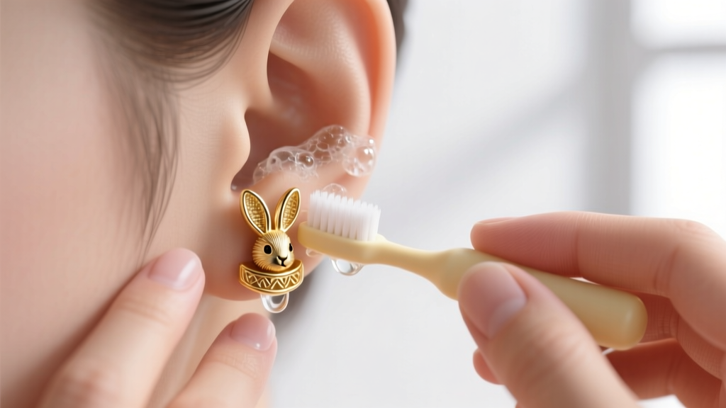 Hands using a soft baby toothbrush and soapy water to gently clean the intricate ear crevices of gold vermeil rabbit stud earring.