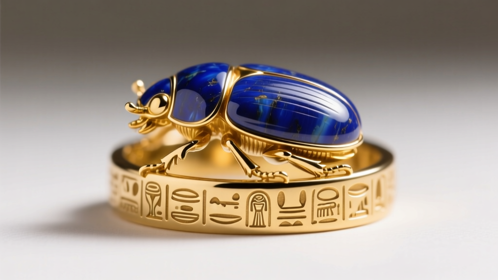 Close-up of an 18k yellow gold Egyptian scarab ring with a carved lapis lazuli beetle showing intricate hieroglyphs on the flat base.