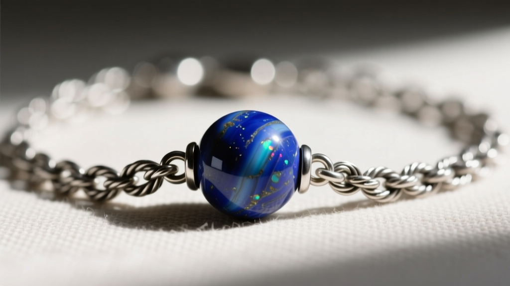 Macro shot of a rosary necklace centerpiece featuring a lapis lazuli bead and oxidized sterling silver rope chain links