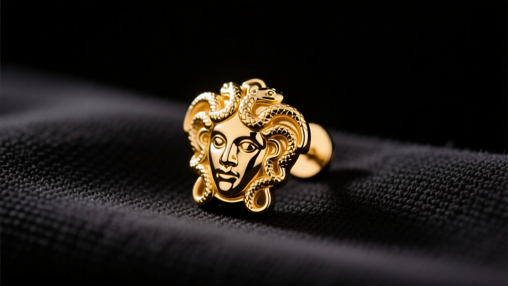 Macro shot of a gold-plated Medusa head stud earring resting on a black microfiber cloth under soft, warm studio lighting