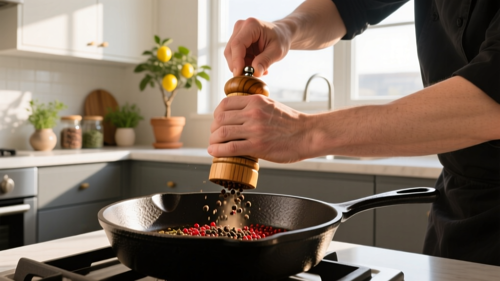 Left-handed cook grinding fresh black pepper over a cast iron skillet using a sustainable wooden spice mill in a sunlit kitchen