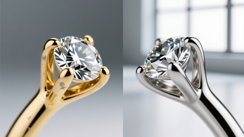 Side-by-side macro comparison of 18k white gold and 950 platinum prongs holding diamonds, showing rhodium wear on the white gold