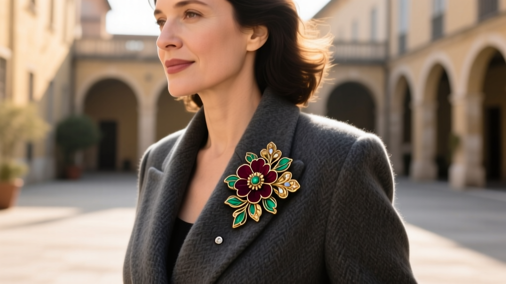 Stylish woman wearing a heavy vintage floral brooch on a thick wool blazer lapel, secured discreetly with a hidden magnetic backing.