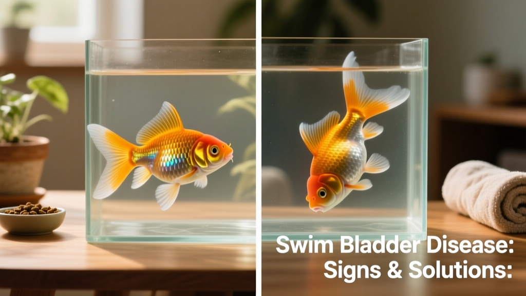 Side-by-side comparison showing a healthy goldfish swimming upright versus a fancy goldfish floating upside-down due to buoyancy issues