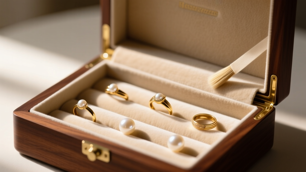 Soft brush cleaning the beige velvet interior of an open walnut brown jewelry box, revealing gold rings and pearls in soft light.