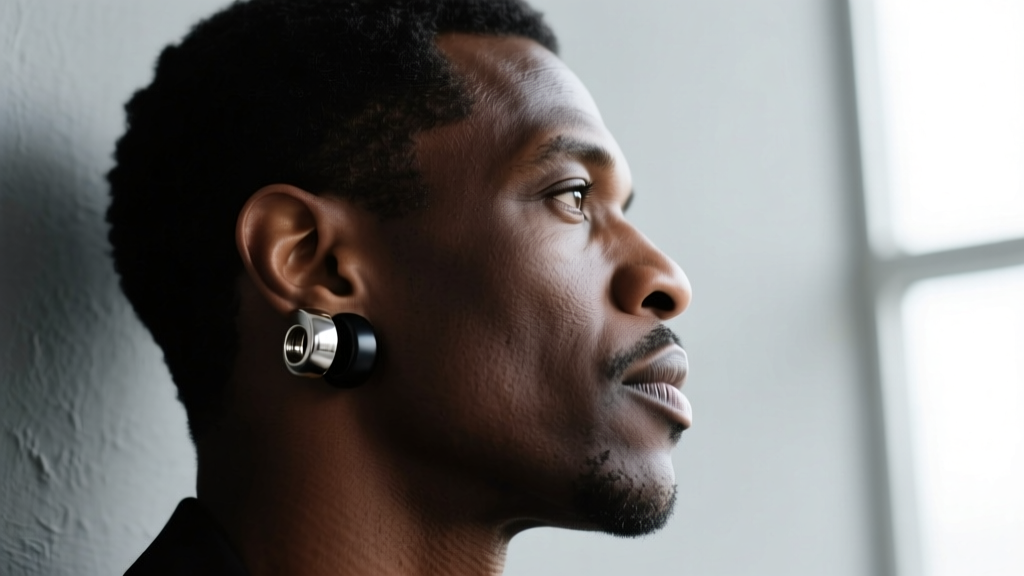 Side profile of a man with a strong jawline wearing a double earring stack in oxidized silver and matte black against a grey wall