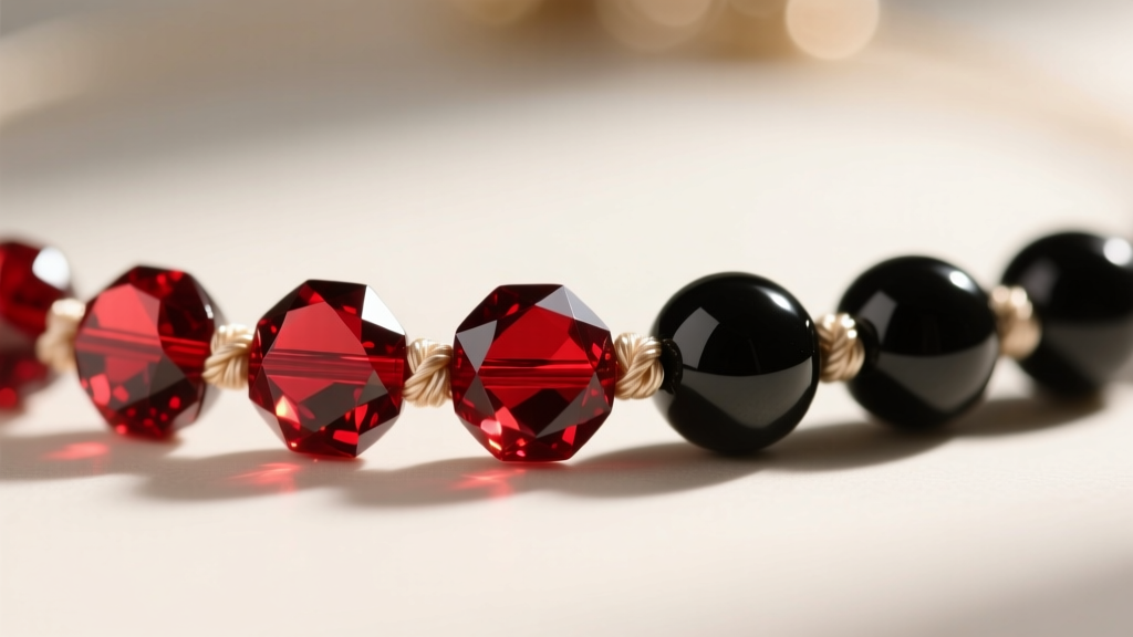 Macro shot of faceted red garnet beads alternating with smooth black onyx beads strung on a knotted silk thread jewelry wire
