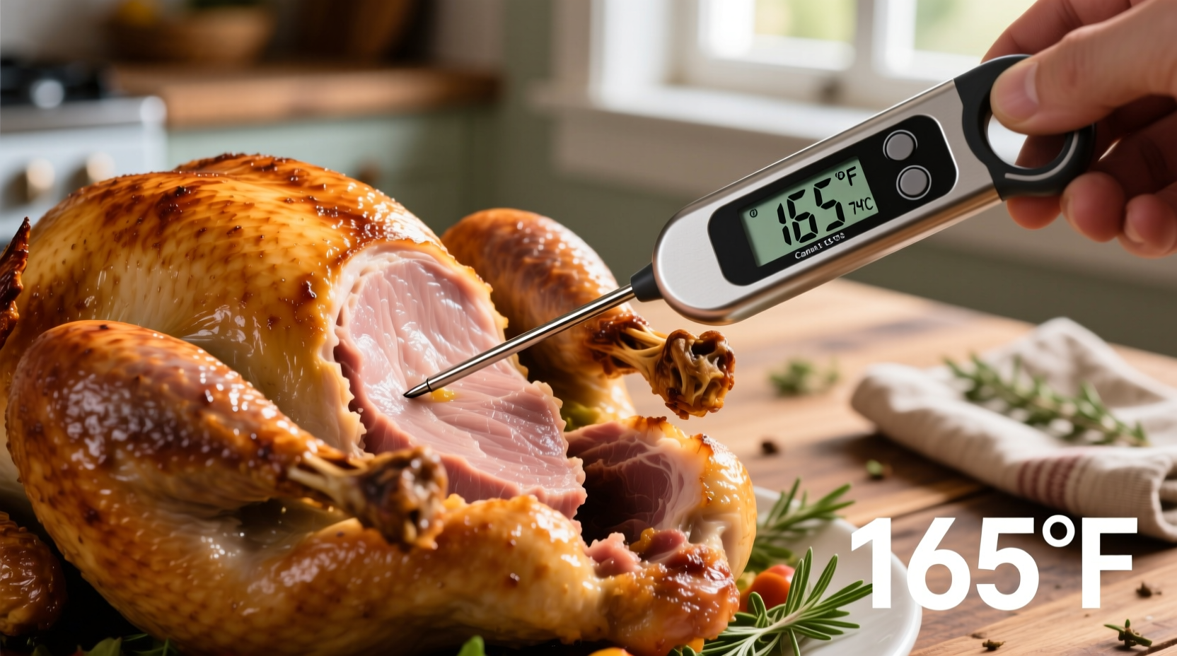 Turkey thermometer checking breast temperature