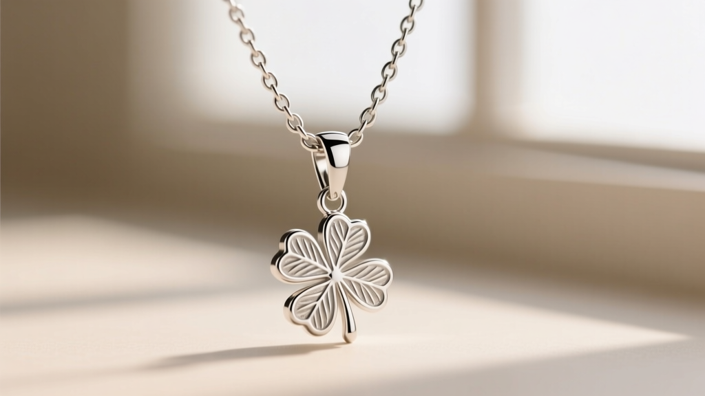 Close-up of a delicate sterling silver box chain threading through the polished bail of a small 12mm four leaf clover pendant