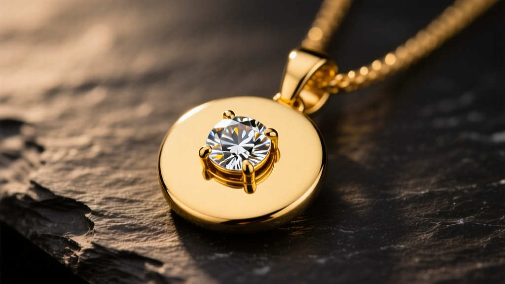 Macro shot of an 18k yellow gold disc pendant with a bezel-set diamond on dark slate under warm directional studio light.