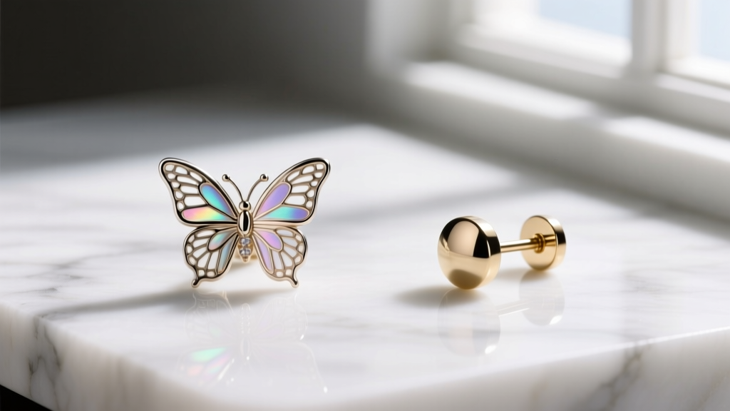 Side-by-side comparison of a hollow-post butterfly back earring and a premium solid-post screw-back stud, shot on white marble