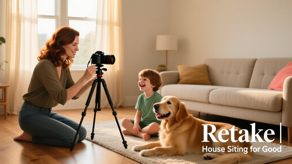 Danielle setting up portable photography equipment in a sunlit living room during a Retake session, with a child smiling nearby