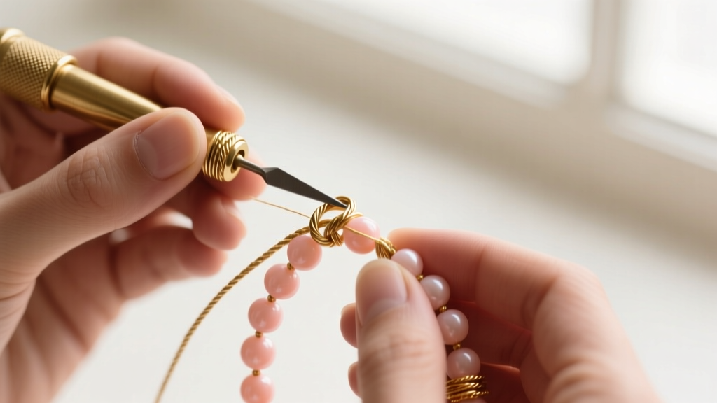 Hands using an awl to knot silk thread between pale pink coral beads, showing a brass clasp and gold French wire gimp detail.