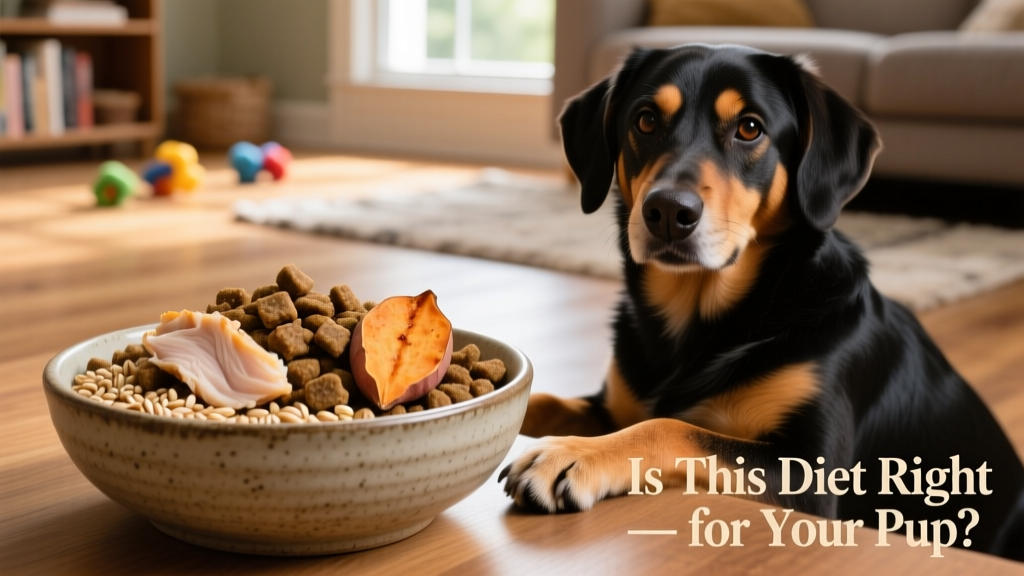 A close-up of a bowl of high-quality limited ingredient kibble with visible whole grains and protein pieces, next to a healthy, relaxed dog