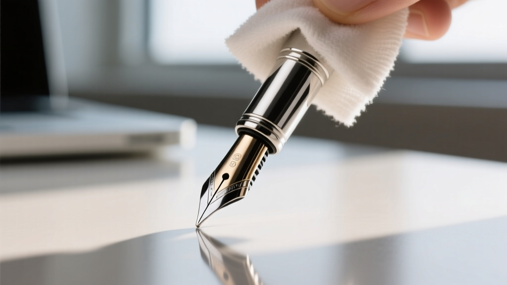Macro shot of a steel pen nib pendant being wiped with a microfiber cloth, highlighting the pristine polished metal surface finish.