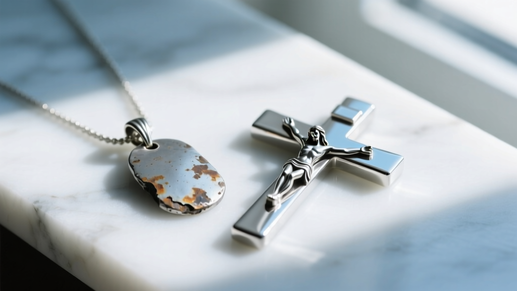 Raw tarnished silver next to a pristine rhodium-plated sterling silver Jesus pendant under bright, natural window daylight.