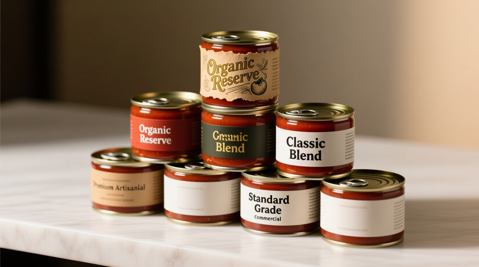 Various tomato sauce cans arranged by quality grade
