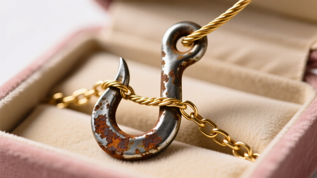 Macro shot of a rusted zinc-alloy hook snagging a delicate gold cable chain inside a cheap velvet-lined jewelry organizer pocket