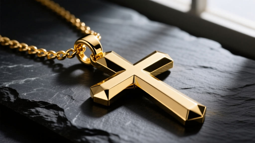 Solid 14k yellow gold massive cross necklace on dark slate, showing a thick bail and beveled edges under moody lighting
