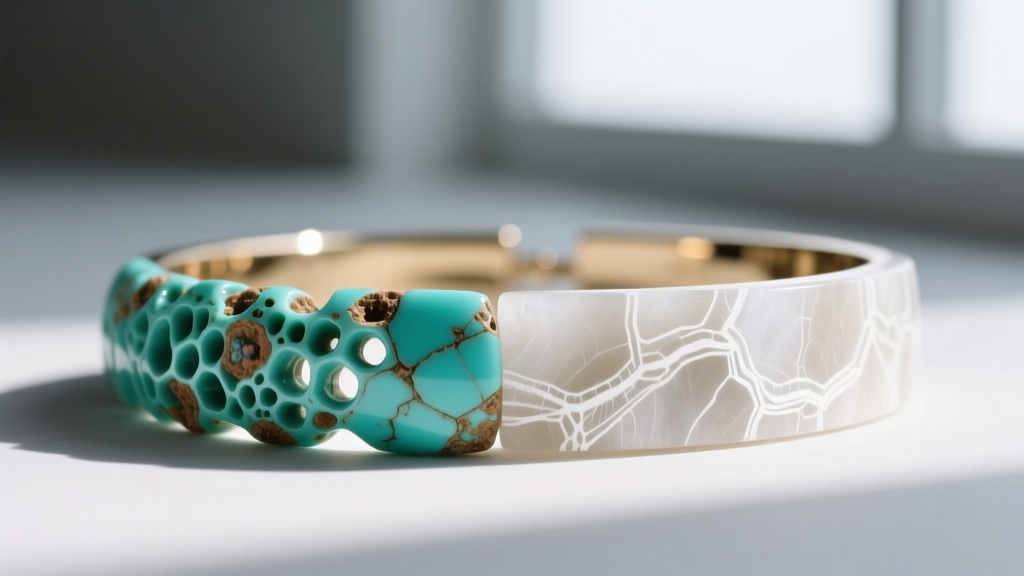 Macro shot comparing the porous matrix of genuine turquoise with the stark white veining of dyed howlite used in replica chokers