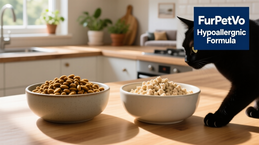 Two bowls side-by-side: one with standard kibble, the other with a vet-recommended hypoallergenic diet labeled 'FurPetVo Hypoallergenic Formula'