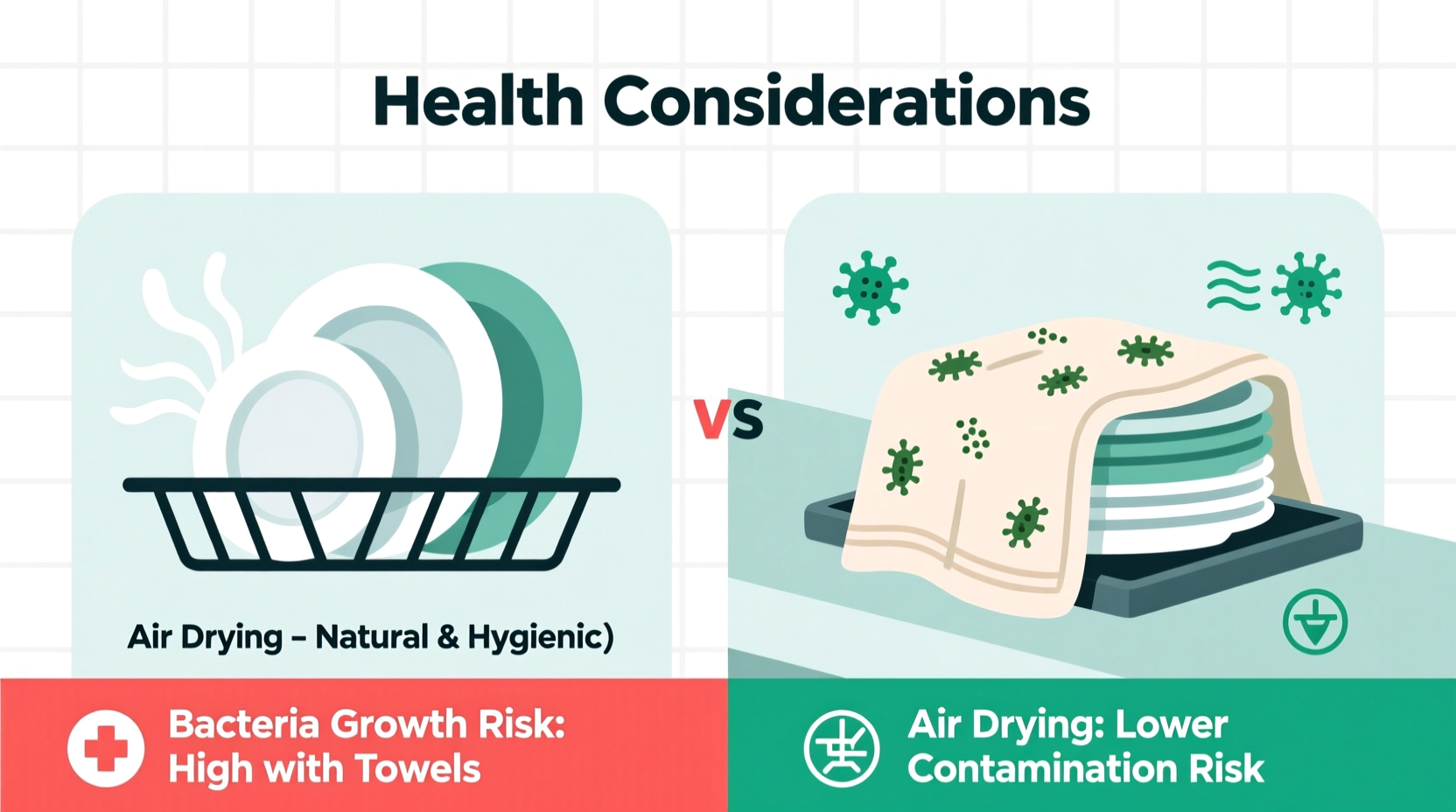 is air drying dishes safe compared to using a towel health considerations