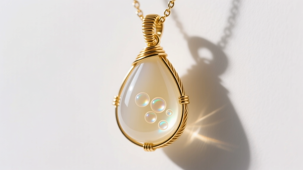Macro shot of a finished teardrop breastmilk resin pendant in gold-filled wire wrap, showing a smooth, bubble-free milky finish.