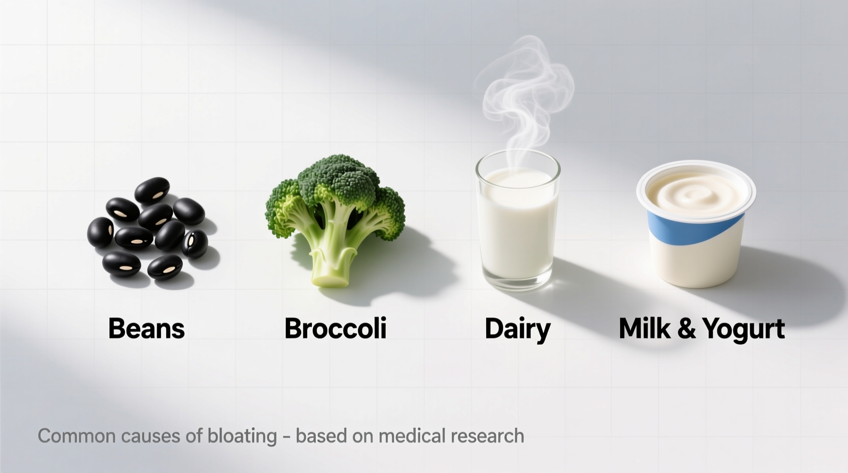 Common bloating foods visual guide showing beans broccoli dairy