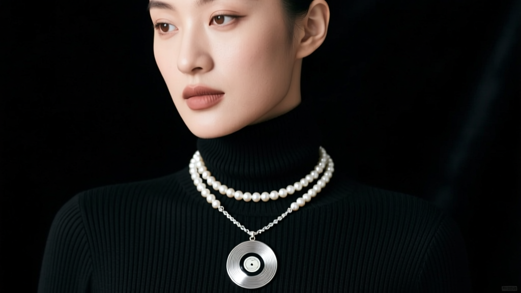 A model wearing a layered 18-inch silver record necklace and a 22-inch pearl choker against a black ribbed turtleneck sweater.