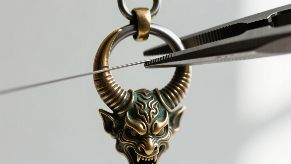 Macro photography of a heavy-duty steel jump ring being attached to a bronze demon horn pendant loop using jewelry pliers.