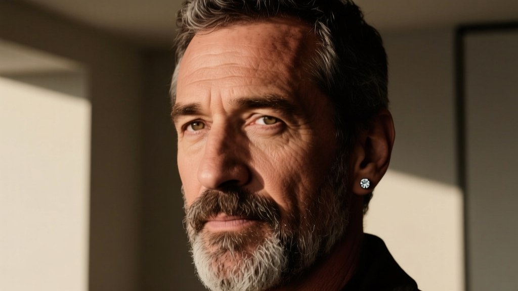 Rugged man with salt-and-pepper beard wearing a single small round diamond stud earring in his left ear lobe, cinematic lighting.