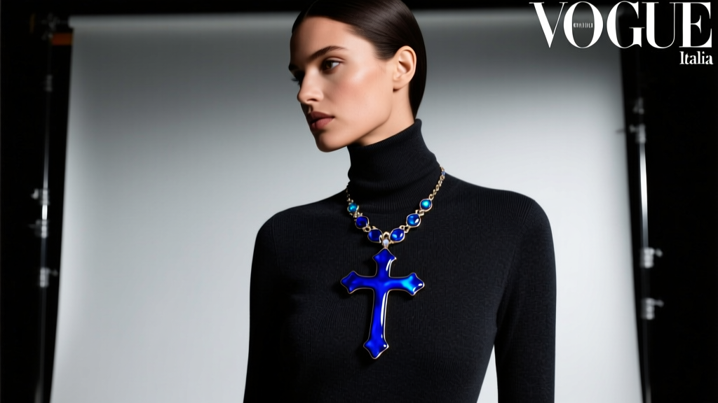 Editorial shot of a model wearing a striking cobalt blue enamel crucifix necklace over a dark turtleneck, moody studio lighting