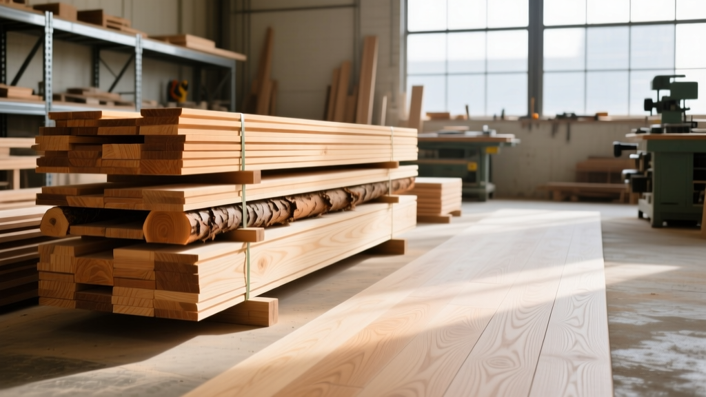 Stacked bundles of Douglas Fir framing lumber next to finished White Oak flooring planks in a well-lit woodworking shop