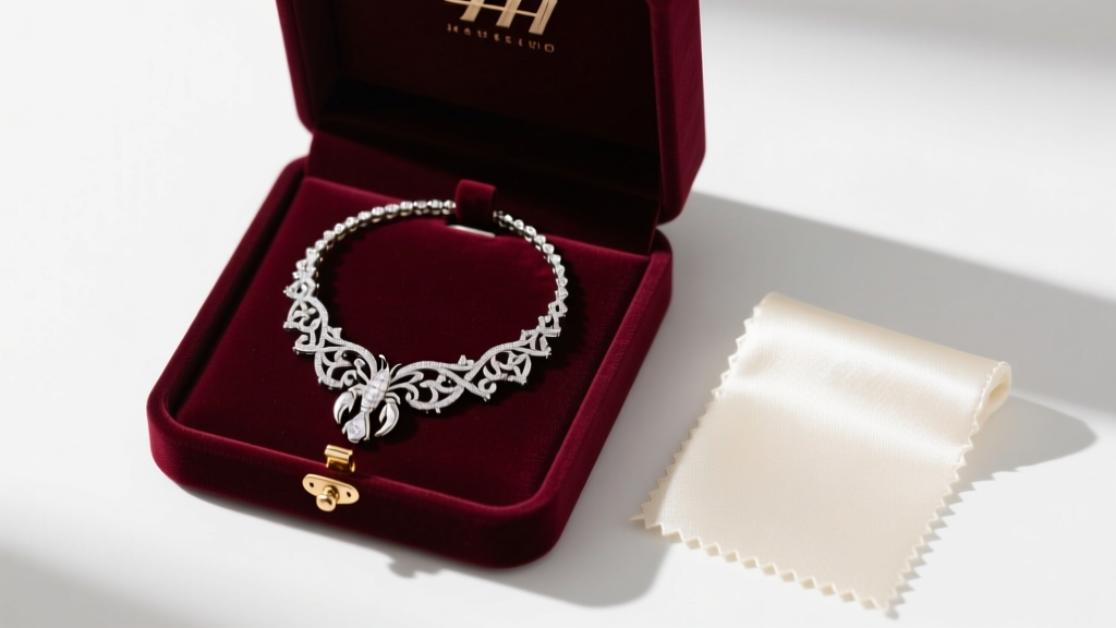 Overhead shot of velvet box holding a platinum bridal necklace with a secure lobster clasp next to a swatch of ivory silk fabric.