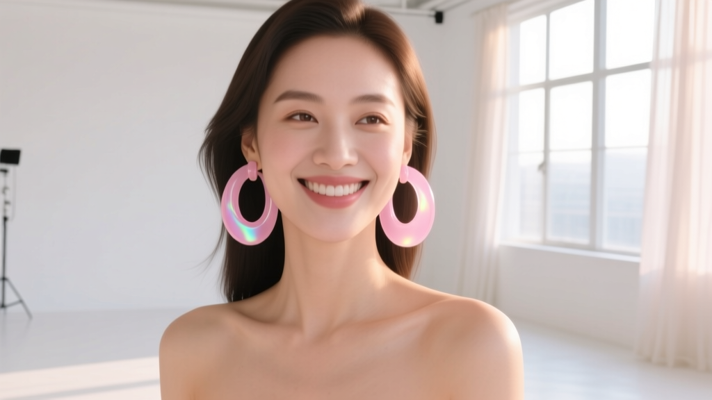Stylish woman wearing oversized lightweight blush pink acrylic hoop earrings, smiling against a bright minimalist studio backdrop