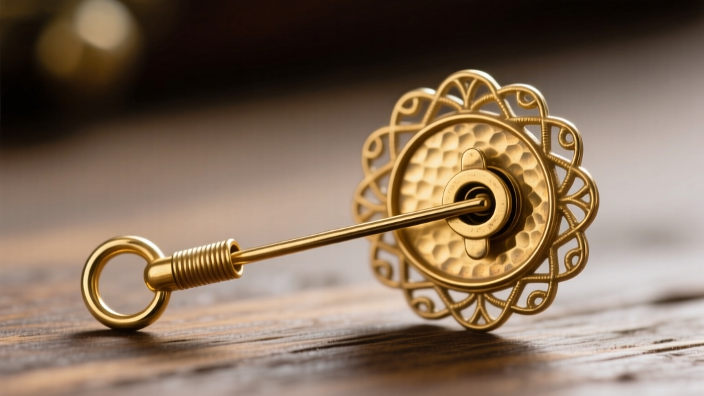 Close-up of a Victorian tube hinge and extended pin stem passing through a C-clasp on the back of an antique gold mourning brooch