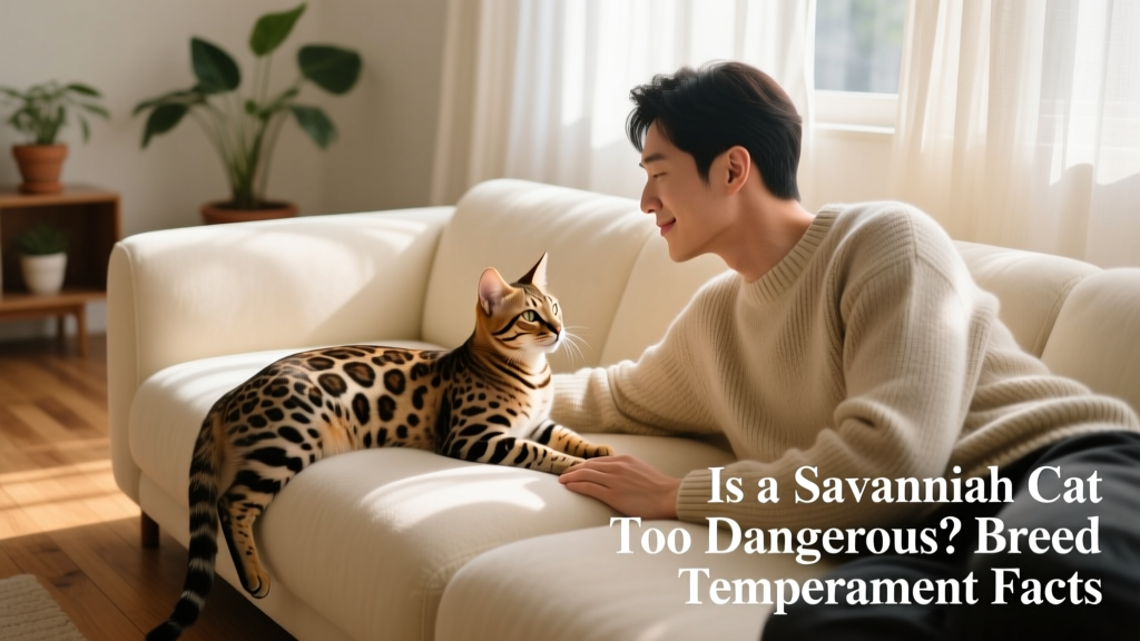 A relaxed Savannah cat lounging beside its owner on a sofa, making gentle eye contact — illustrating calm, trusting behavior