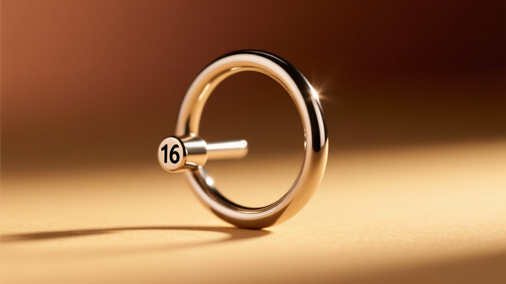 Side profile of a cartilage piercing with a threadless 16-gauge niobium hoop, resting against a blurred warm-toned background