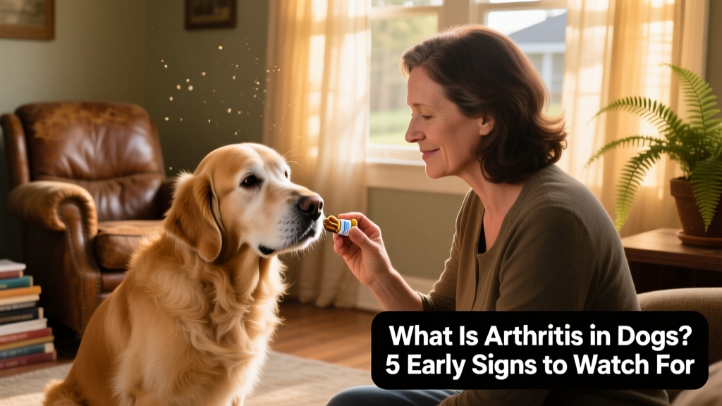 Dog owner gently administering a joint supplement chew to their senior dog during a quiet moment at home