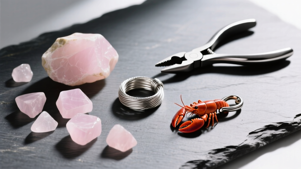 Flat lay of pale pink rose quartz chips on slate next to silver jewelry wire, crimping pliers, and a lobster clasp