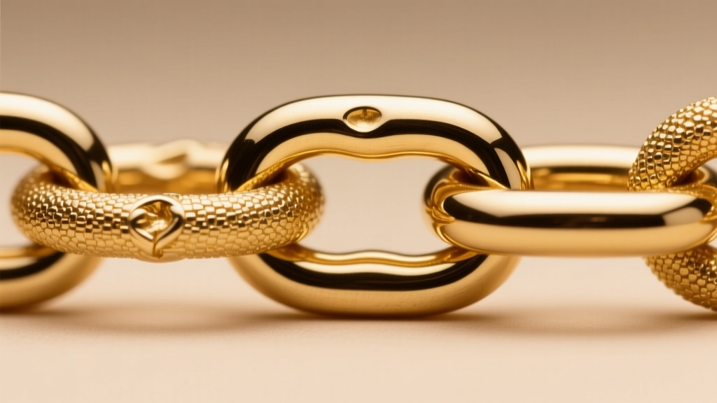 Macro photo of 14k and 18k gold chain links under tension, highlighting alloy density differences and structural yield points.
