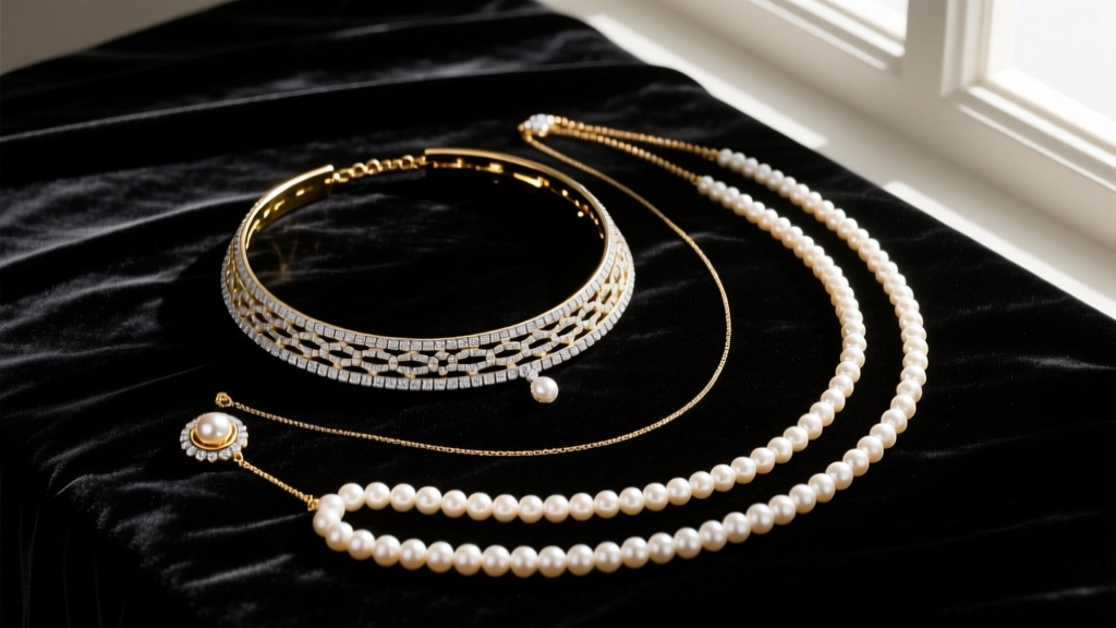 Top-down view on velvet showing a 14-inch collar, 18-inch princess, and 24-inch pearl necklace, lit with soft natural shadows